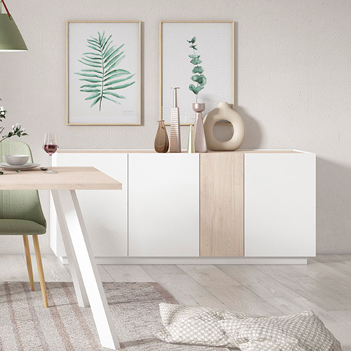 Buffet 4 portes blanc et effet bois 180 cm - Josie