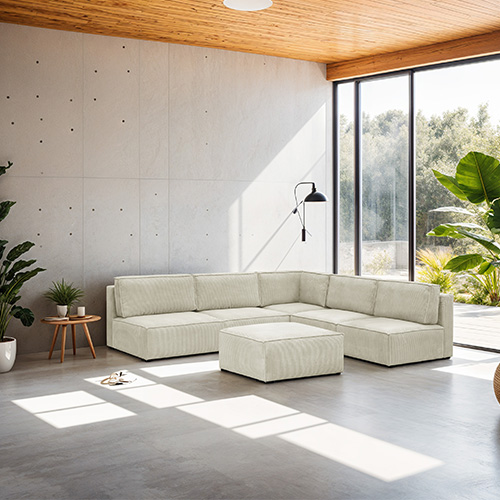 Canapé d'angle à droite modulable 8 places avec pouf en velours côtelé beige - Harper Mod