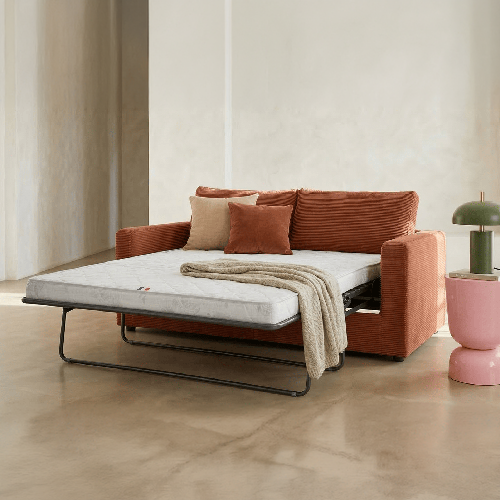 Canapé convertible 3 places en velours côtelé rouille - ouverture semi-express - Silvia