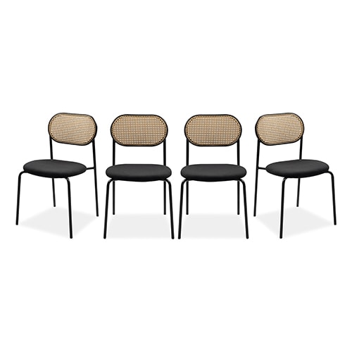 Lot de 4 chaises en tissu noir et cannage - Loyd