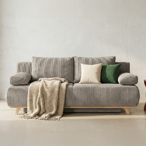 Canapé convertible 3 places avec coffre de rangement en velours côtelé taupe - Laria New