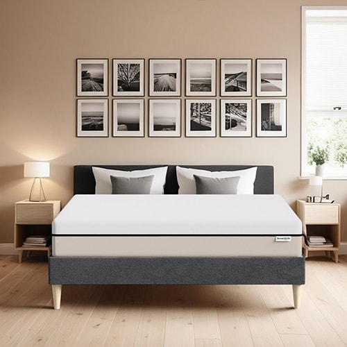 Ensemble lit adulte 140x190 cm en velours gris + Matelas Hybride à ressorts ensachés et mémoire de forme - Spring Elite