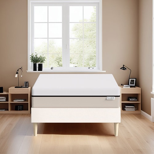 Ensemble lit adulte 90x190 cm en velours côtelé beige + Matelas Hybride à ressorts ensachés et mémoire de forme - Spring Elite