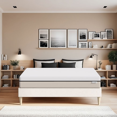 Ensemble lit adulte 140x190 cm en velours côtelé beige + Matelas Hybride à ressorts ensachés et mémoire de forme - Spring Elite