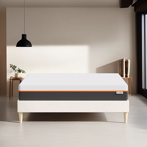 Ensemble lit adulte 90x190 cm en velours côtelé beige + Matelas mousse gel à mémoire de forme, double confort - Dual Confort