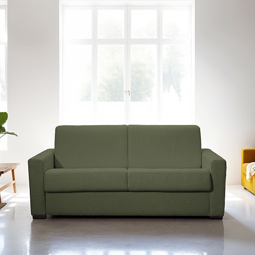 Canapé convertible 3 places en tissu bouclette vert kaki - Ouverture express - Couchage quotidien - Paloma