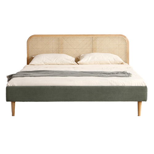 Lit adulte 140x190 cm en velours côtelé vert kaki avec tête de lit en cannage - Dalia