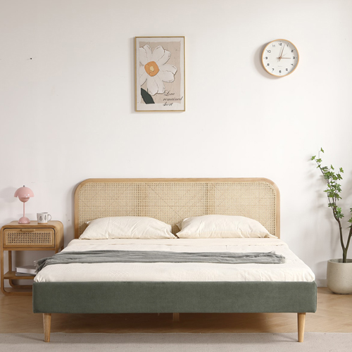 Lit adulte 140x190 cm en velours côtelé vert kaki avec tête de lit en cannage - Dalia