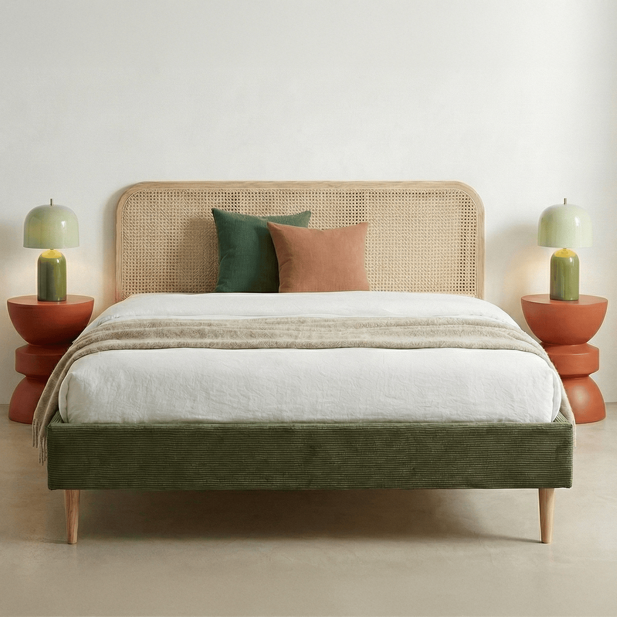 Lit adulte 140x190 cm en velours côtelé vert kaki avec tête de lit en cannage - Dalia