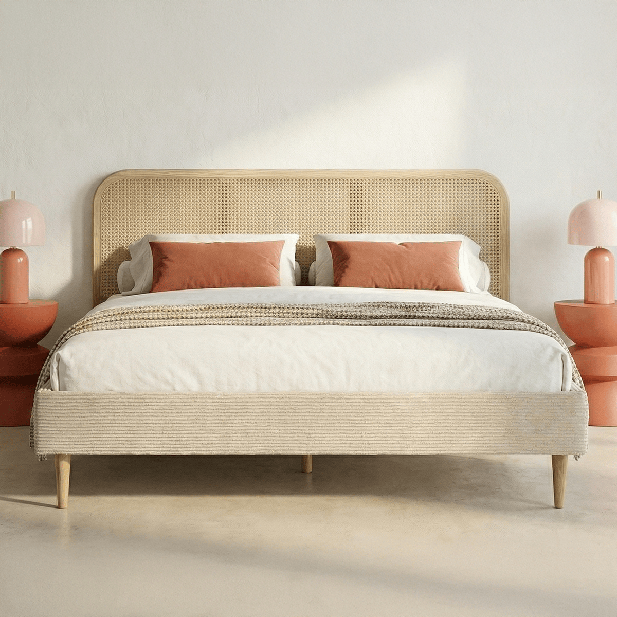 Lit adulte 180x200 cm en velours côtelé beige avec tête de lit en cannage - Dalia