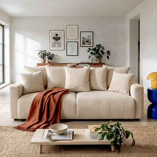 Canapé convertible 3 places en velours côtelé beige avec coffre de rangement - Uma