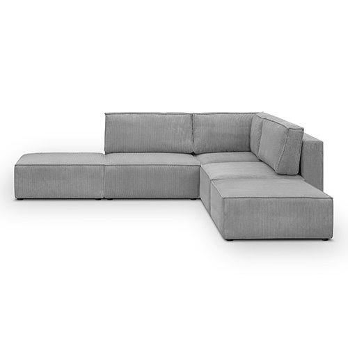 Canapé d'angle à droite modulable 4 places avec 2 poufs en velours côtelé gris clair - Harper Mod