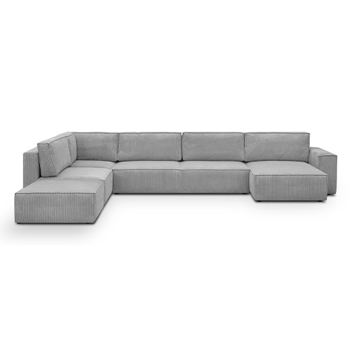 Canapé d'angle à gauche panoramique convertible modulable 8 places avec pouf en velours côtelé gris clair - Harper Mod