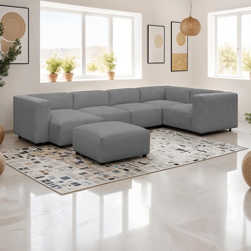 Canapé modulable panoramique 6 places avec méridienne à gauche + pouf en velours côtelé gris clair - Modulo New