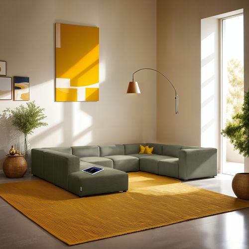 Canapé modulable panoramique 12 places ouvert à gauche en velours côtelé vert kaki - Modulo
