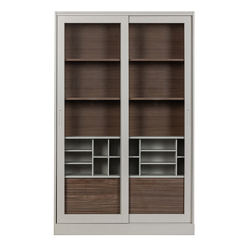 Vaisselier 2 portes coulissantes en bois effet noyer et gris clair 125 cm - James