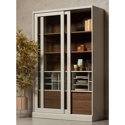 Vaisselier 2 portes coulissantes en bois effet noyer et gris clair 125 cm - James