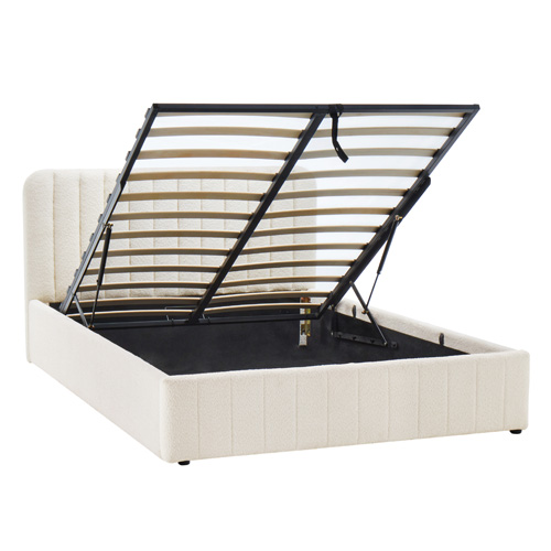 Lit coffre adulte 160x200 cm avec tête de lit capitonnée en tissu bouclé beige - Ava