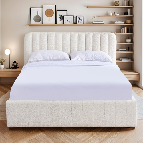 Lit coffre adulte 180x200 cm avec tête de lit capitonnée en tissu bouclé beige - Ava