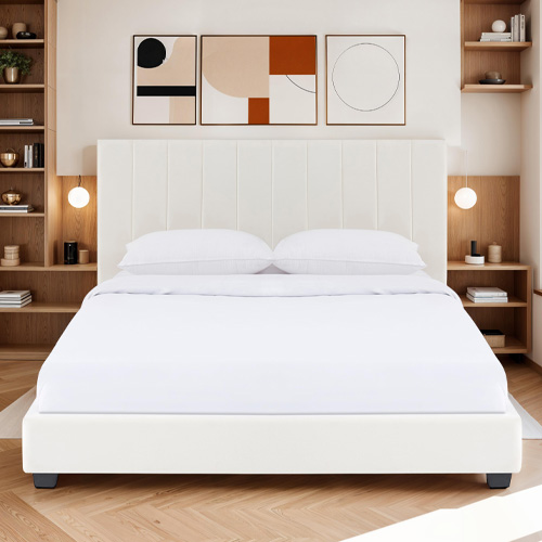Lit adulte 160x200 cm avec tête de lit capitonnée en velours beige - William