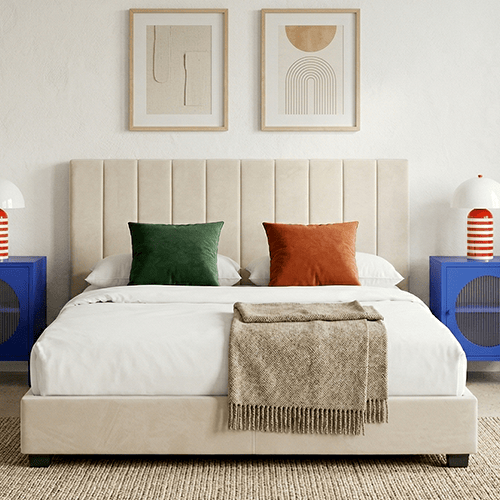 Lit adulte 160x200 cm avec tête de lit capitonnée en velours beige - William