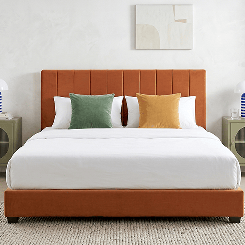 Lit adulte 160x200 cm avec tête de lit capitonnée en velours terracotta - William