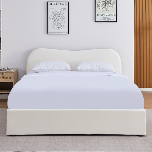 Lit adulte 160x200 cm avec tête le lit matelassée en velours beige - Ninon