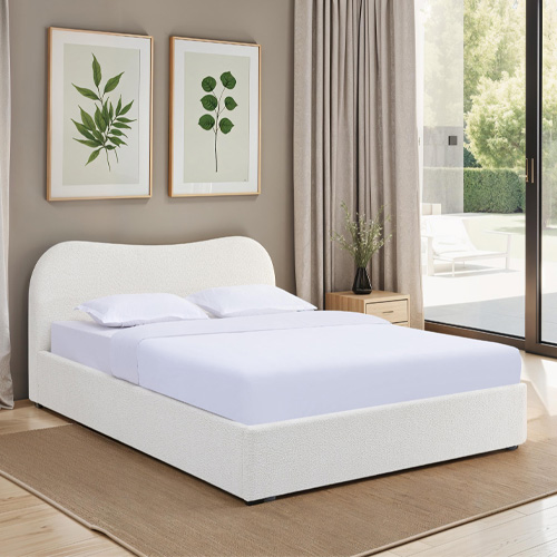 Lit coffre adulte 140x190 cm avec tête le lit arrondie en tissu bouclé beige - Suzon