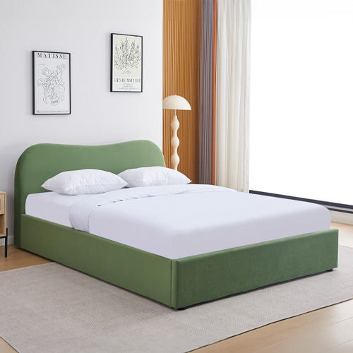 Lit coffre adulte 140x190 cm avec tête le lit matelassée en velours vert clair - Suzon