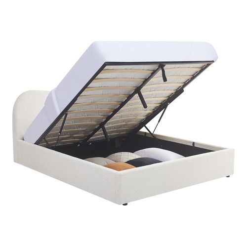 Lit coffre adulte 160x200 cm avec tête le lit arrondie en tissu bouclé beige - Suzon