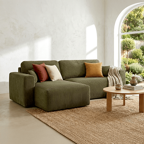 Canapé d'angle réversible convertible 4 places avec coffre de rangement en velours côtelé vert kaki - Davis