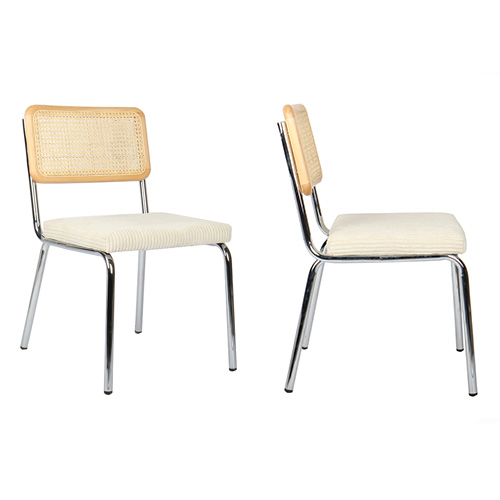 Lot de 2 chaises en acier chromé, cannage naturel et velours côtelé beige - Paula