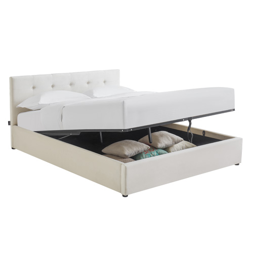 Lit coffre adulte 140x190 cm avec tête de lit capitonnée en velours beige et sommier - Tina