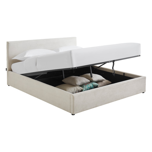 Lit coffre adulte 140x190 cm avec tête de lit capitonnée en velours côtelé beige et sommier - Tina