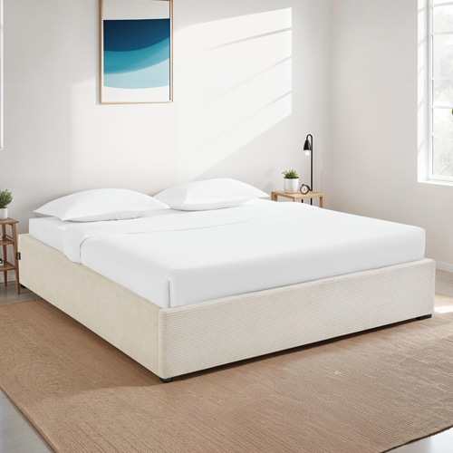 Lit coffre adulte 180x200 cm en velours côtelé beige avec sommier - Handy