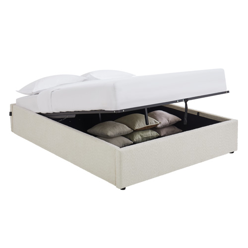 Lit coffre adulte 180x200 cm en tissu bouclé beige avec sommier - Handy