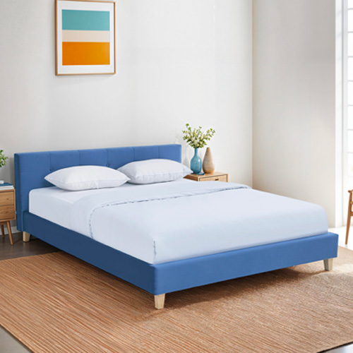Lit adulte 140x190 cm avec tête de lit capitonnée en velours bleu - Milo