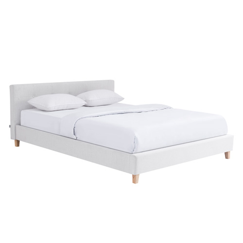 Lit adulte 140x190 cm avec tête de lit capitonnée en tissu beige - Milo