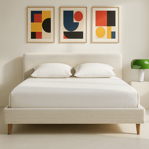 Lit adulte 140x190 cm avec tête de lit capitonnée en velours côtelé beige - Milo