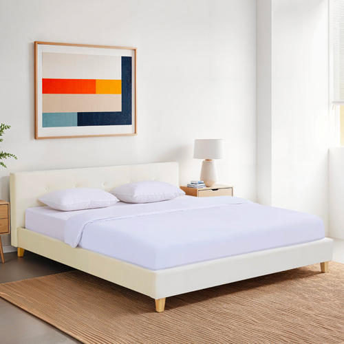 Lit adulte 180x200 cm avec tête de lit capitonnée en velours beige - Milo