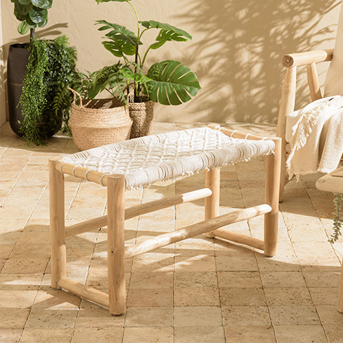 Banc en teck naturel assise en macramé blanc 80 cm - Will