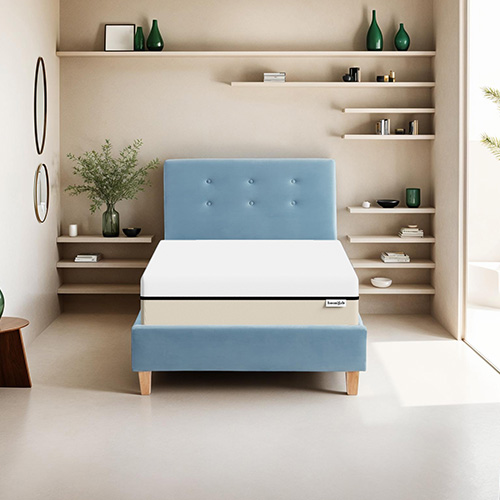 Ensemble lit 90x190 en velours bleu Milo + Matelas Hybride à ressorts ensachés et mémoire de forme - Spring Elite