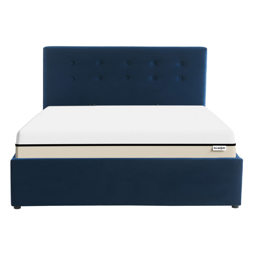 Ensemble lit coffre 140x190 en velours bleu foncé Tina + Matelas Hybride à ressorts ensachés et mémoire de forme - Spring Elite