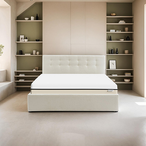 Ensemble lit coffre 140x190 en tissu bouclé écru Tina + Matelas Hybride à ressorts ensachés et mémoire de forme - Spring Elite