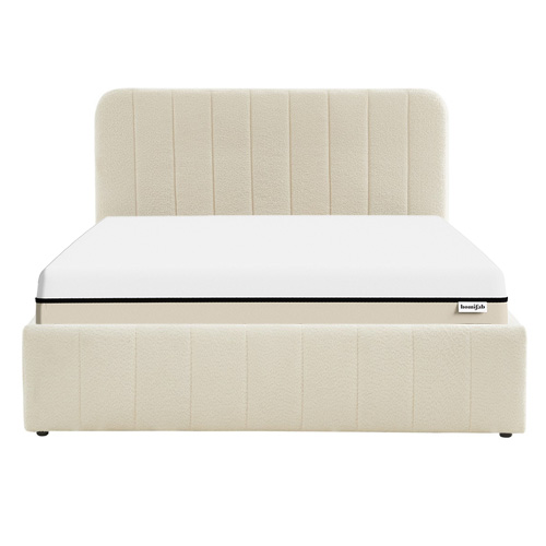 Ensemble lit coffre 160x200 en tissu bouclé écru Ava + Matelas Hybride à ressorts ensachés et mémoire de forme - Spring Elite