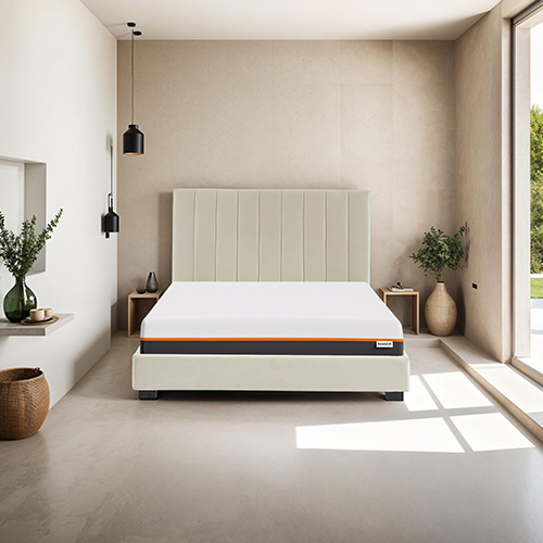 Ensemble lit 140x190 en velours beige William + Matelas mousse gel à mémoire de forme, double confort - Dual Confort