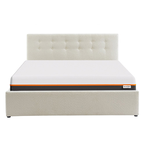 Ensemble lit coffre 140x190 en tissu bouclé écru Tina + Matelas mousse gel à mémoire de forme, double confort - Dual Confort