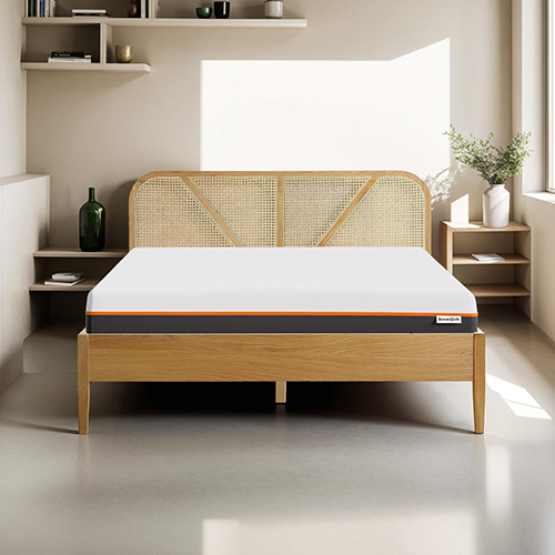 Ensemble lit 140x190 en bois et cannage Leonie + Matelas mousse gel à mémoire de forme, double confort - Dual Confort