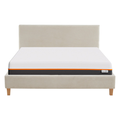 Ensemble lit 160x200 en velours côtelé beige Milo + Matelas mousse gel à mémoire de forme, double confort - Dual Confort