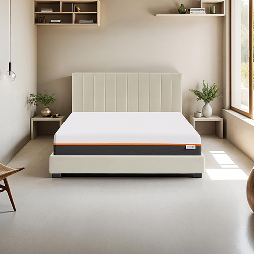 Ensemble lit 160x200 en velours beige William + Matelas mousse gel à mémoire de forme, double confort - Dual Confort